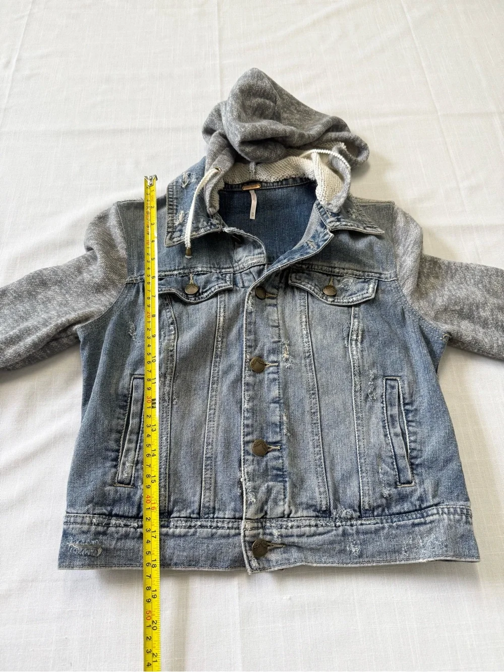 Free People Distressed Boho Denim Hooded Jacket - Knit Sleeves Size XS - Picture 7 of 12